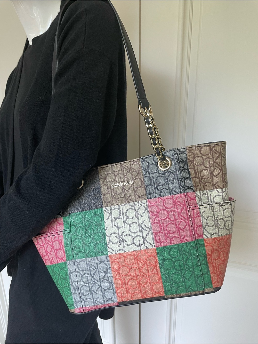 Calvin Klein Multicolor Patchwork Tote with Black Chain-Strap Handles